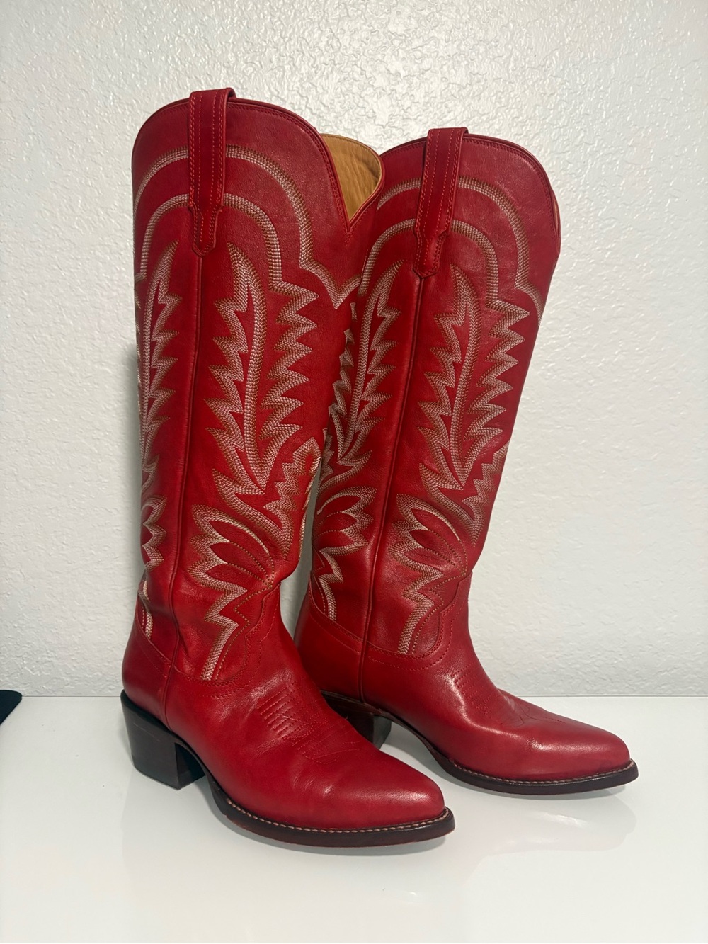 Tecovas Abby Crimson Red Leather Embroidered Western Knee-High Boots